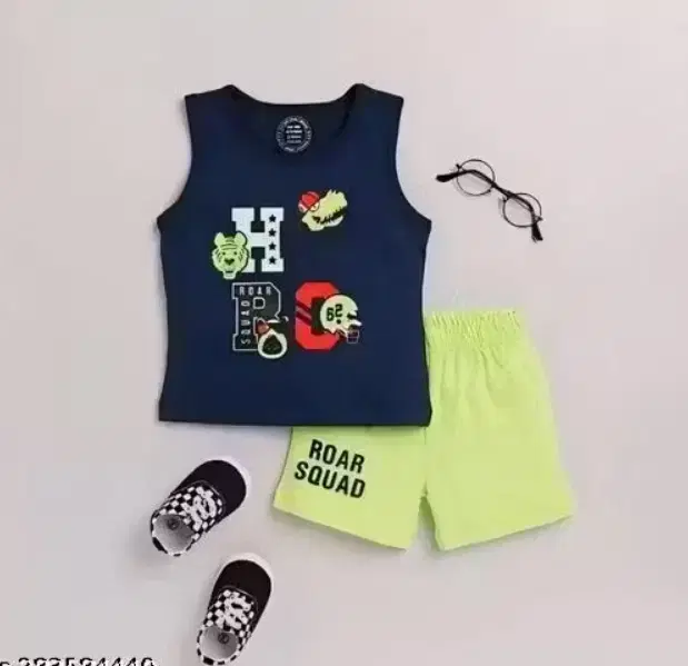Printed Cotton Clothing Set for Kids ,Green & Blue (2-3 Years)