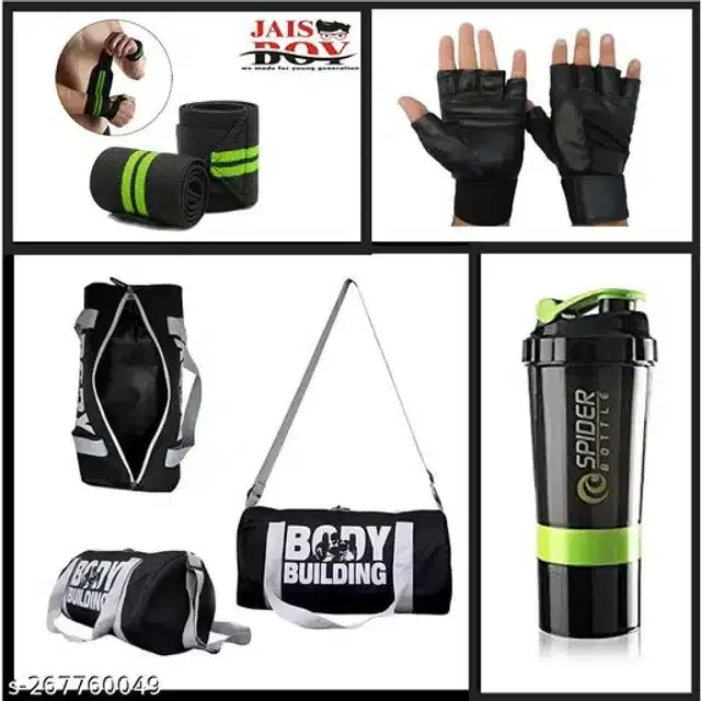 Combo of Gym Bag with Shaker Bottle, 400 ml, Gloves & Wrist Support Bands, Multicolor, Set of 4