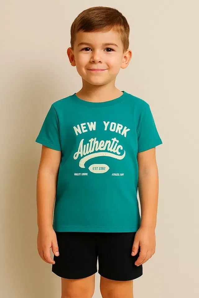 Round Neck Printed T-Shirt for Boys, Teal (8-10 Years)