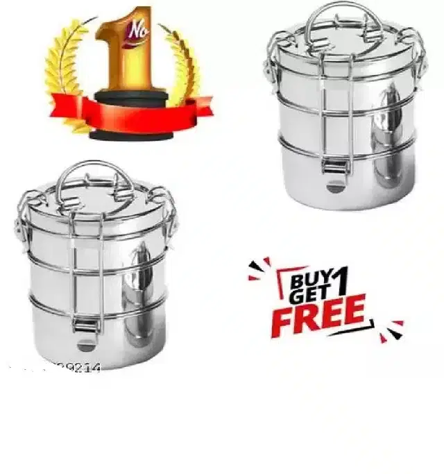 3 Layer Steel Lunchbox, Silver, Pack of 2