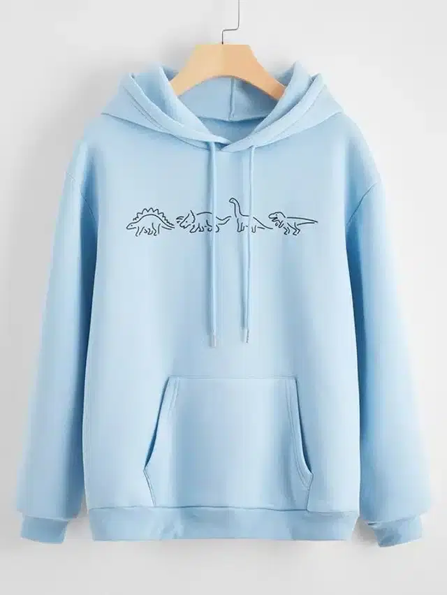 Fleece Self-Design Hoodies for Women (Sky Blue, S)