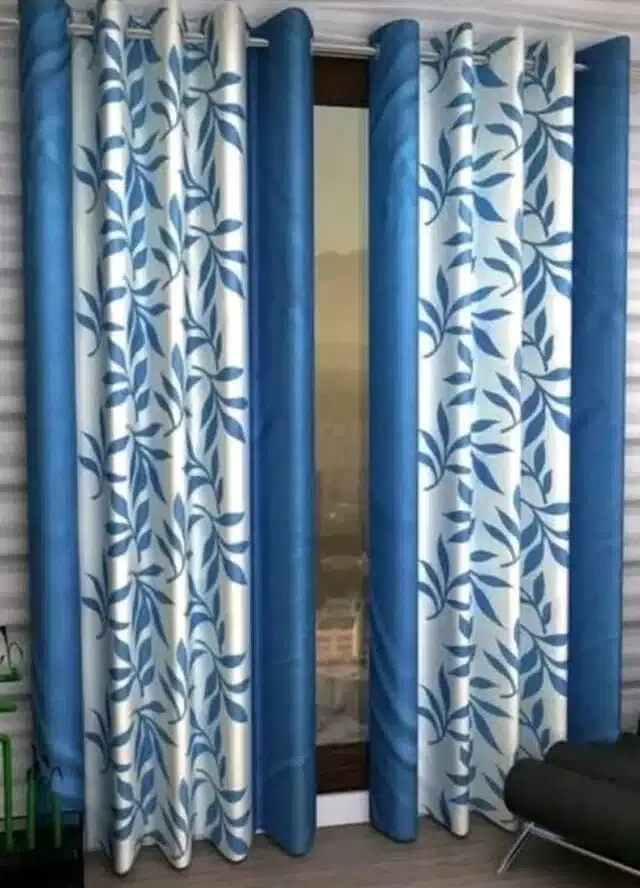 Polyester Printed Window & Door Curtains, Pack of 2, Aqua Blue, 5 feet