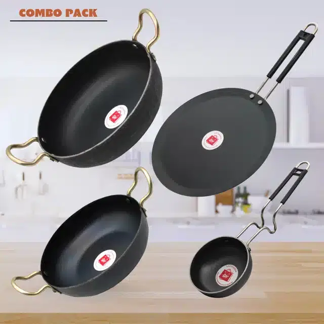 Frying Pan & Tawa Set, Pack of 4, Black, 1200 ml