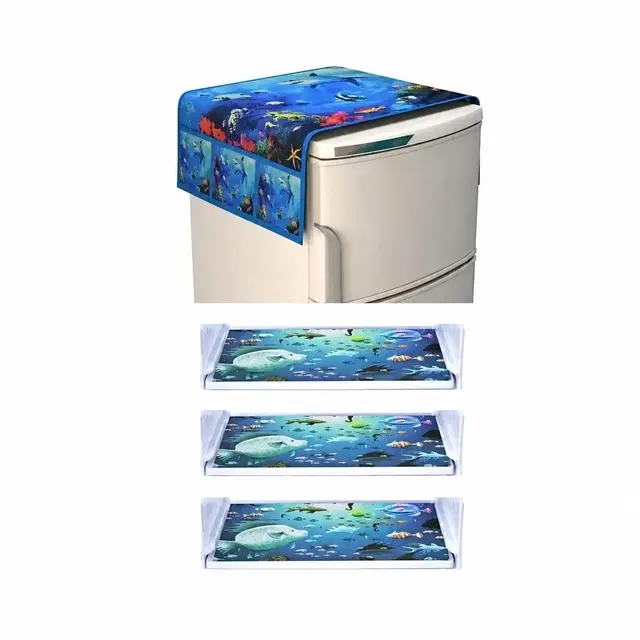 Digital Printed Fridge Cover 3 Pcs Mat with Top Cover, Blue, Set of 1