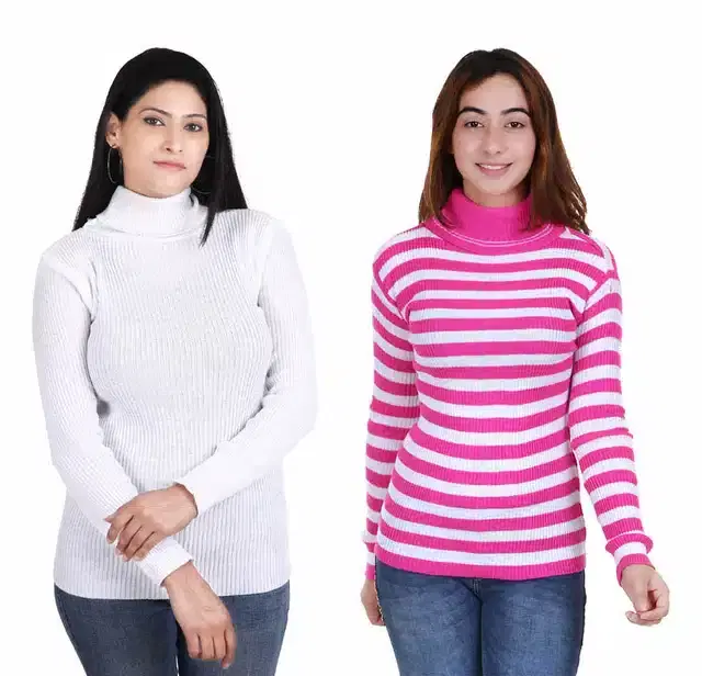 Full Sleeves Solid Sweater for Women, Pack of 2 (White & Dark Pink, M)