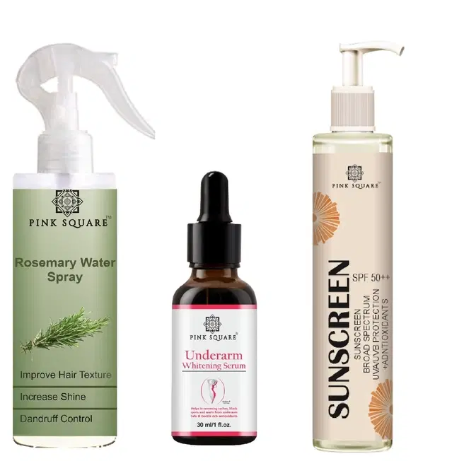 Pink Square Rosemary Hair Spray, 100 ml with Underarm Whitening Serum, 30 ml & Spf Sunscreen Lotion, 100 ml, Set of 3
