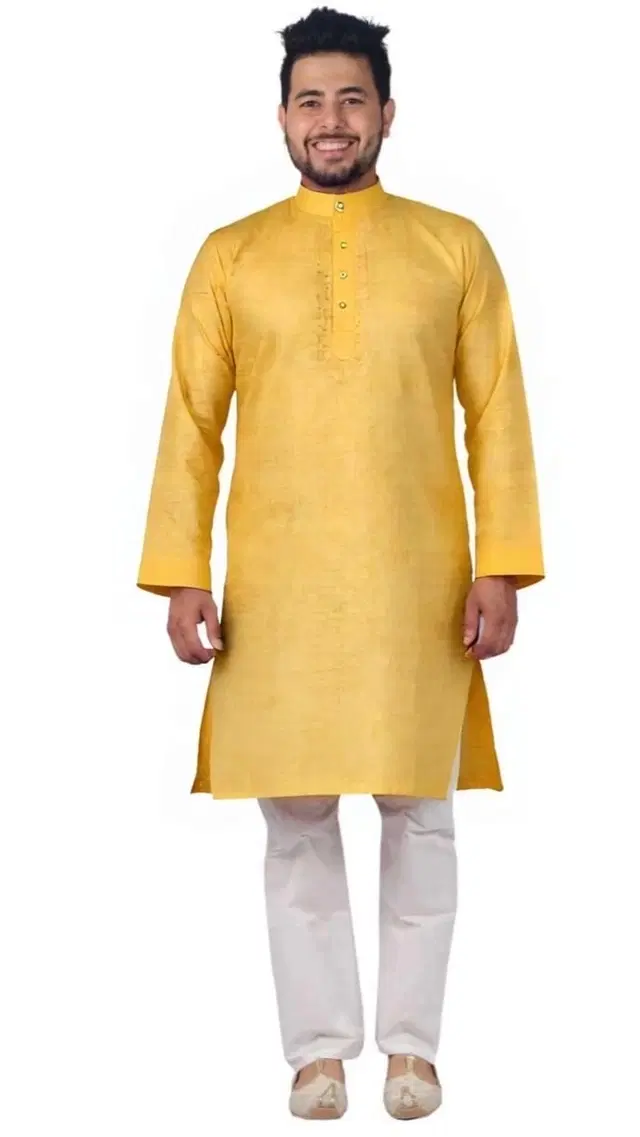 Embroided Kurta Set for Men, Yellow (L)
