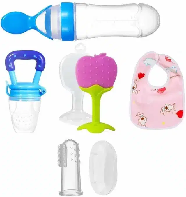 Silicone Fruit & Food Feeder, Bid, Teether with Finger Toothbrush for Kids, Multicolor, Set of 5