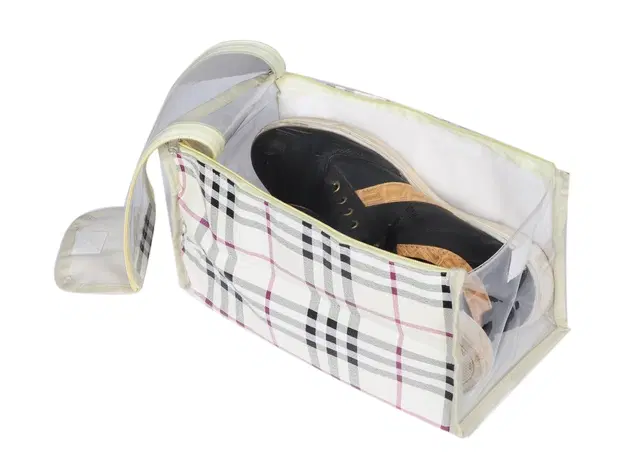 Portable Canvas Checkered Shoe Storage Bag, White