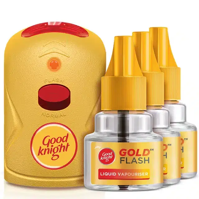 Good Knight Gold Flash Liquid Vapourizer - Mosquito Repellent Combo Pack - Machine + 3 Refills (45 ml Each)