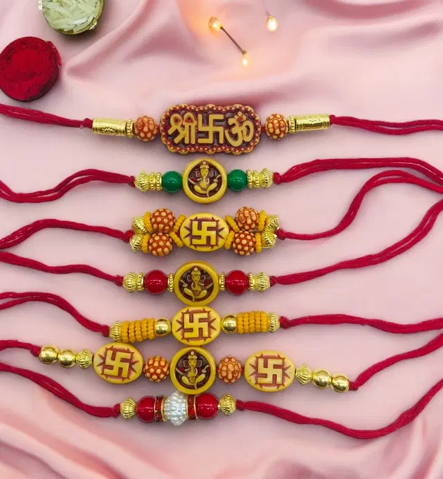 Handmade Designer Rakhi with Roli Chawal, Multicolor, Pack of 7