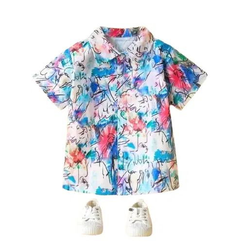 Cotton Blend Printed Shirt For Boys, Blue And Pink (1-2 year)