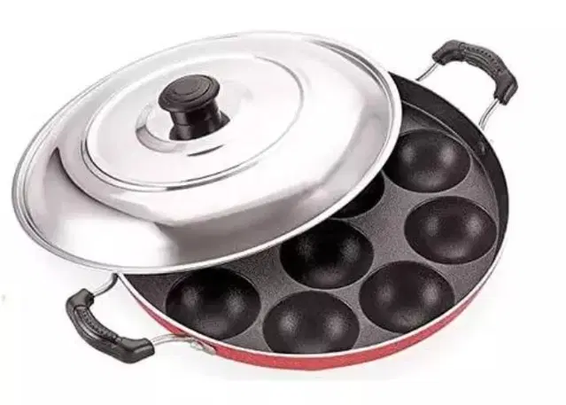 ZODEX 12 Cavities Non Stick Appam Patra with Lid and Side Handle, Multicolor, 21 cm