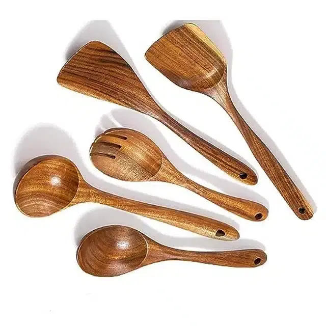 Wooden Cooking & Serving Spoons, Brown, Set of 5