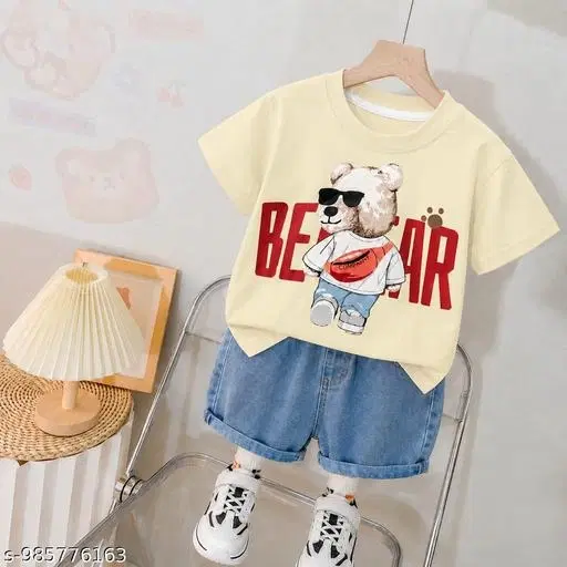 Bear Print T-Shirt & Denim Shorts Set for Boys (Off White, 4-5 Years)