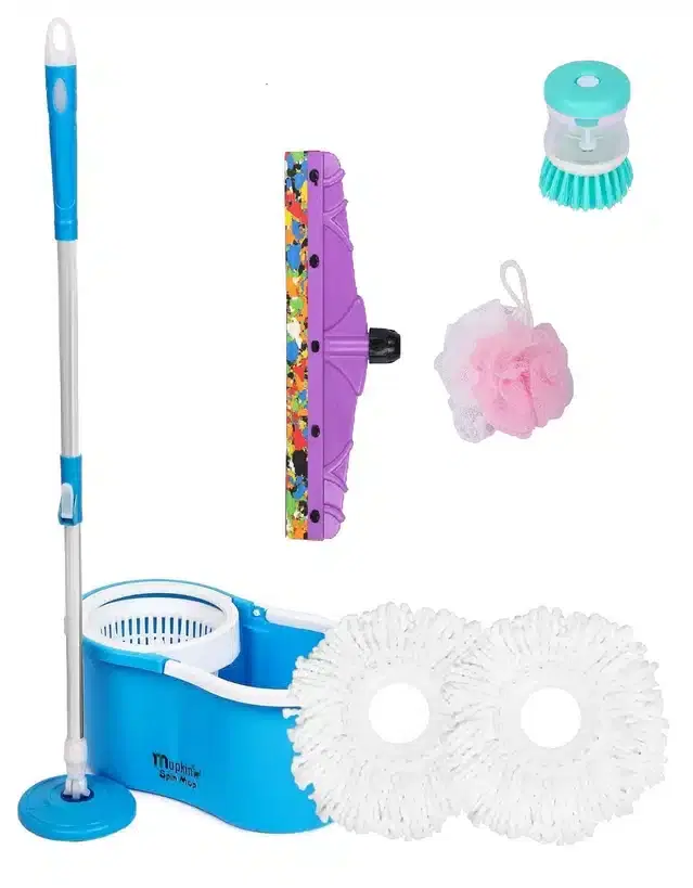 PVC Magic Spin Bucket Mop with 2 Refill & Cleaning Accessories Set, Blue, Set of 4