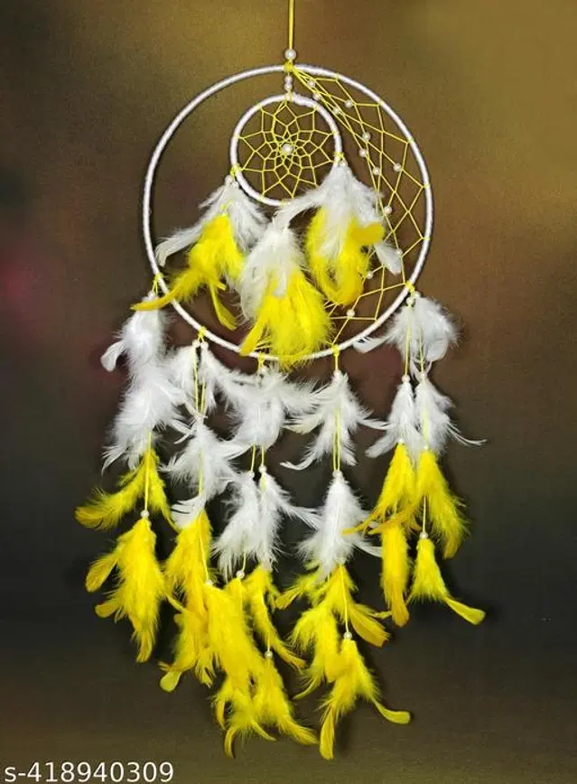 Feather Wall Hanging Dream Catcher, White & Yellow