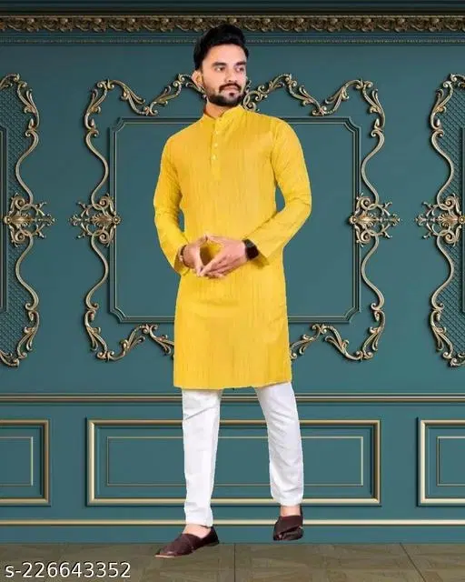 Mandarin Neck Kurta for Men (Yellow, M)