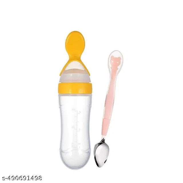 Combo of Feeder Bottle, 90 ml with Double Head Spoon for Baby, Yellow & Pink, Set of 2