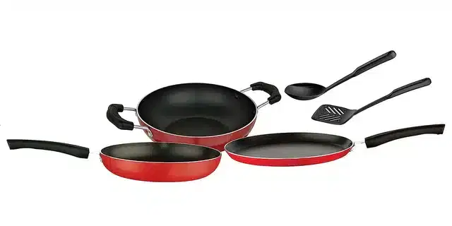 Aluminium Non Stick Tawa, Sauce Pan & Kadahi with Spatula, Red, Set of 5