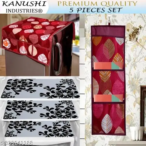 KANUSHI Industries® 1 Pc Fridge Cover for Top with 6 Utility Pockets (Maroon Color)+ 3 Fridge Mats+1 Magazine holder (FRI+M-2+MGZ-HOLDER-MAROON-LONG-LEV)