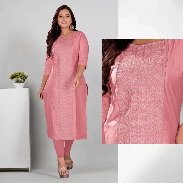 Cotton Silk Embroidered Kurti for Women & Girls, Beige (L)