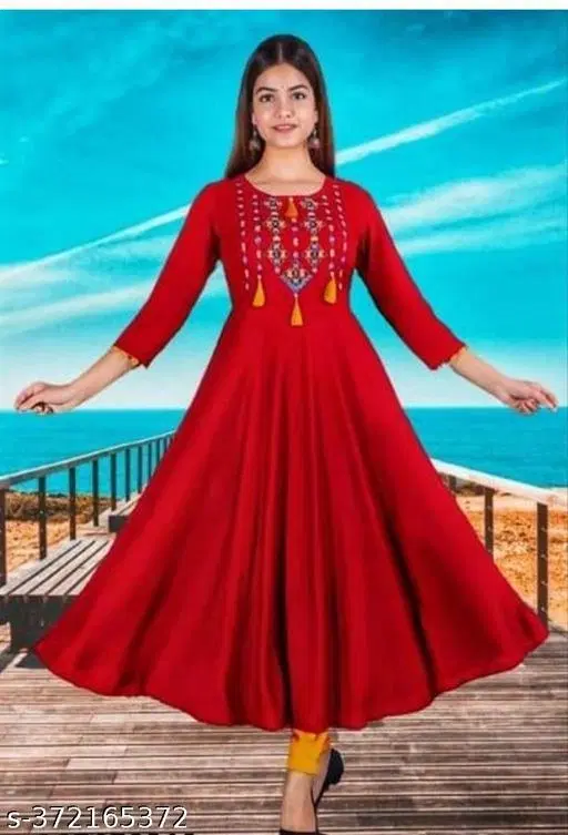 Women Embroidered Rayon Anarkali Kurta, Red (XXXL)