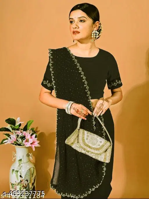 Chiffon Embellished Saree For Women, Black