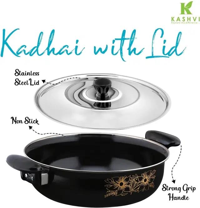 Cast Iron Kadai with Lid, Black & Silver, 28 cm