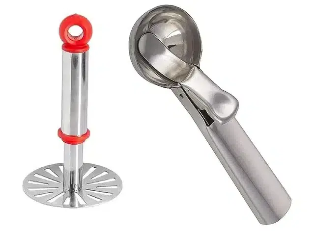 Stainless Steel Masher with Ice Cream Scoop, Silver, Set of 2