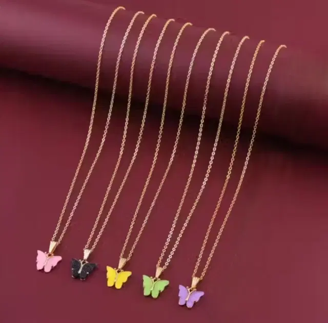 Metal Butterfly Pendant Necklace for Women, Multicolor, Pack of 5