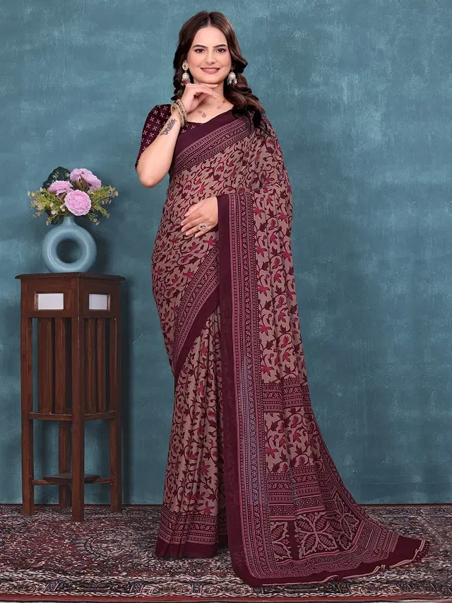 Georgette Printed Saree for Women (Maroon, 6.3 m)