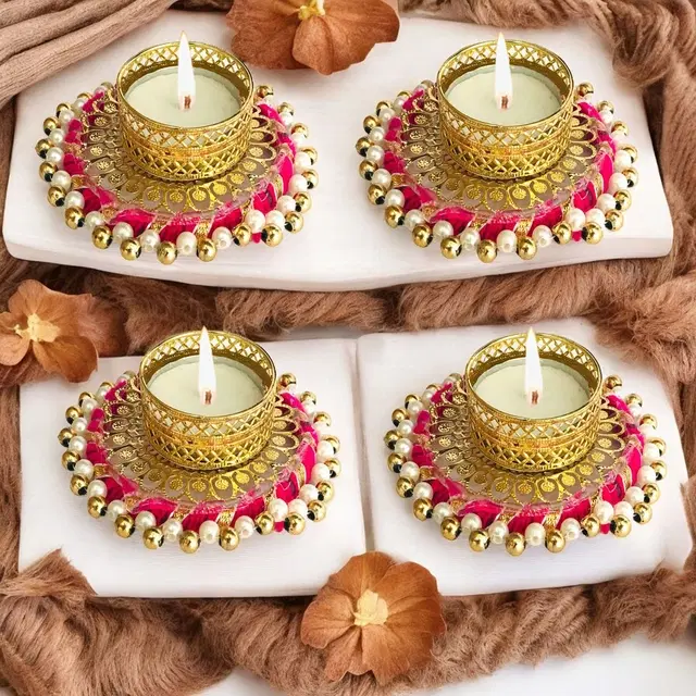 Metal Designer Tealight Candle Holder, Pink, 9x8x1.8 cm, Pack of 4