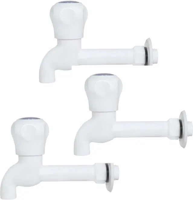 Plastic Long Body Bib Cock Tap with Wall Flange, White, Set of 3