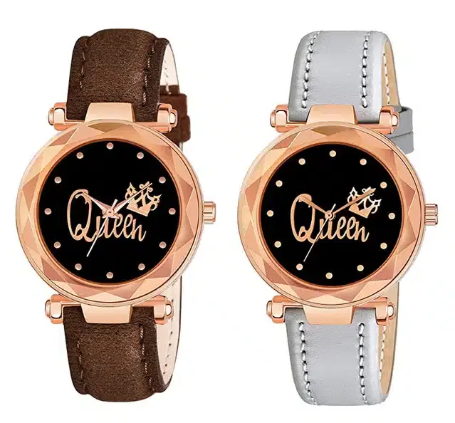 Designer Leather Analog Watch for Women & Girls, Pack of 2 (Brown & Grey)