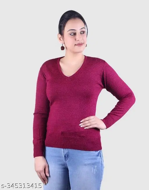 Acrylic Solid Sweater for Women (Wine, L)