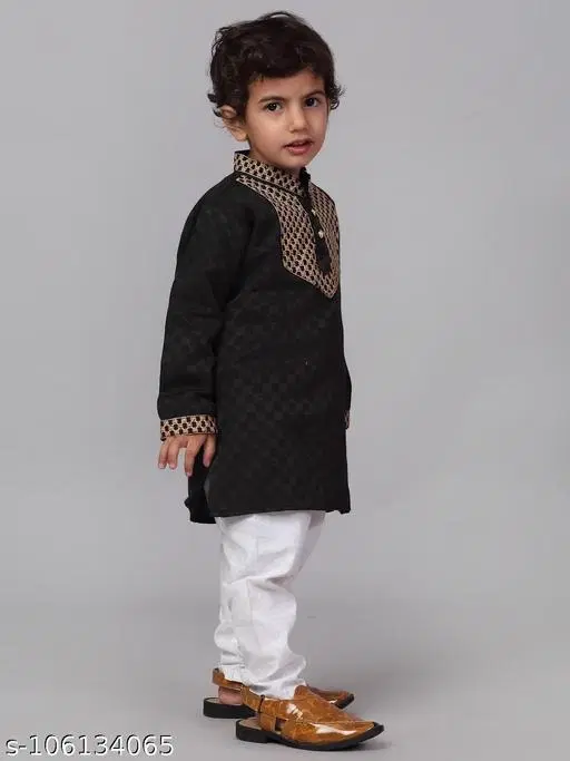 Cotton Blend Kurta with Pyjama for Boys (Black & White, 1-2 Years)
