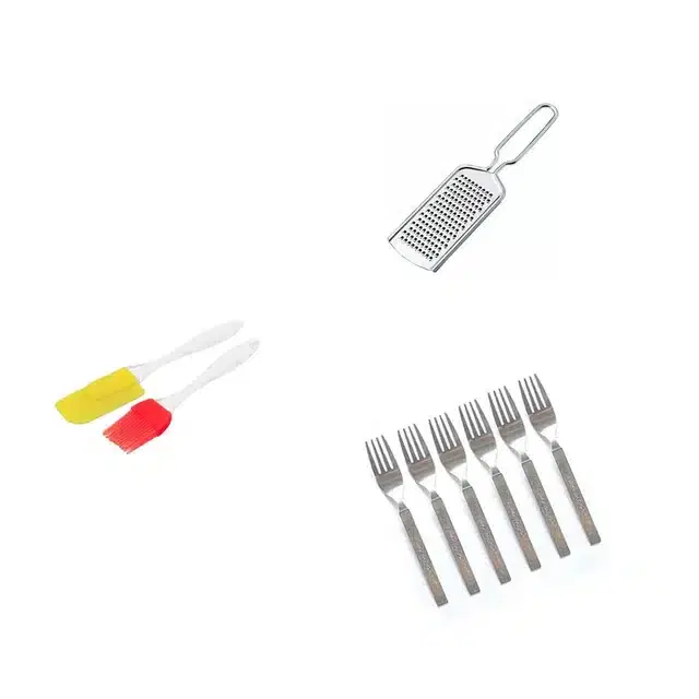 Stainless Steel Cheese Grater, Oil Brush & 6 Steel fork, Combo of 3