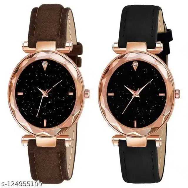 Analog Watch for Women, Pack of 2 (Black & Brown)