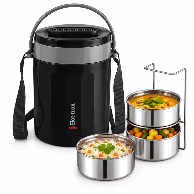 Cello Hot Tron, 3 Pc, Black | Insulated Carrier | Keeps Meals Warm | Easy-Grip Handle