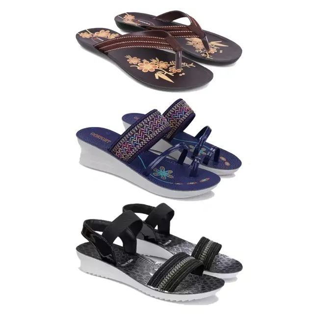 Flats with Heels & Sandals for Women, Set of 3 (Multicolor, 6)