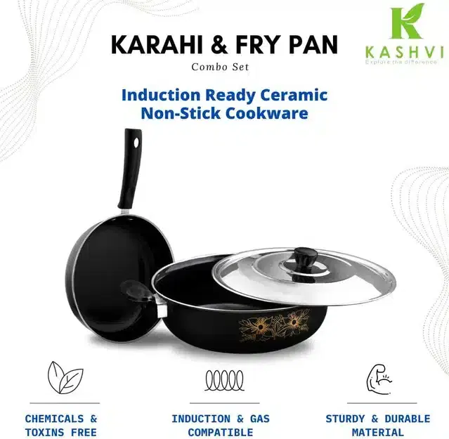 Non Stick Kadai with Stainless Steel Lid & Frying Pan, Black, Set of 2