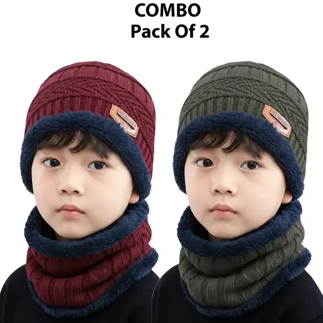 Woolen Solid Cap with Neck Wramer for Kids, Pack of 2, Multicolor
