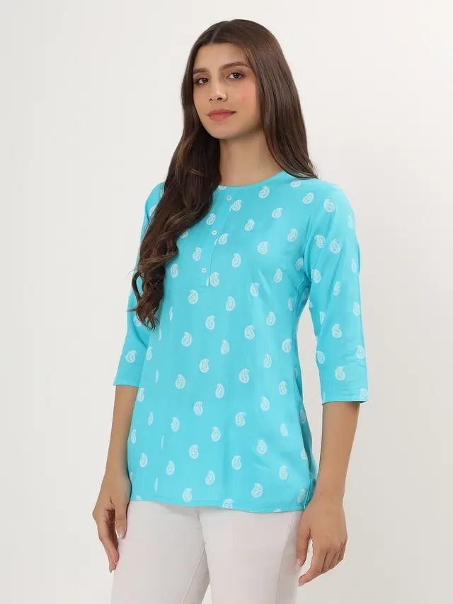 Womens Block print short Kurti, Blue (XL)