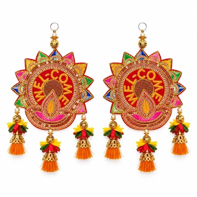 Welcome Embroidered Door Hanging With Diya Motif, Set Of 2