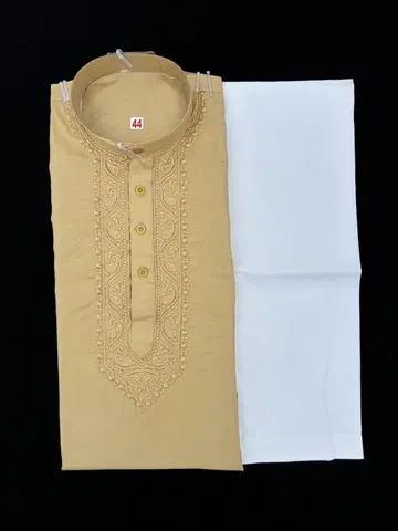 Cotton Embroidered Kurta with Pyjama for Men (Beige & White, XXL)