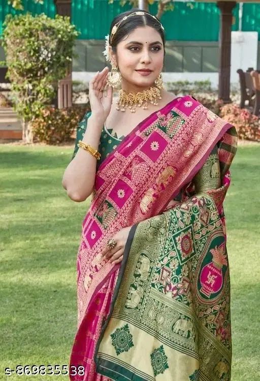 Zari Woven Banarasi Saree for Women (Pink, Free Size)