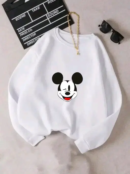 Fleece Printed Full Sleeves Sweatshirt for Women & Girls (White, M)