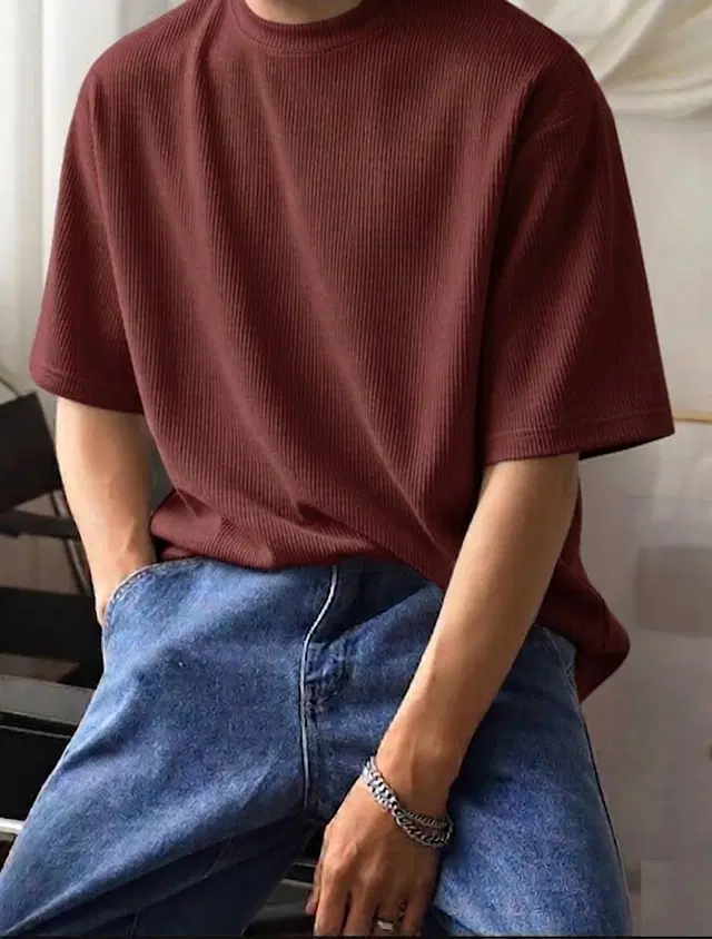 Ribbed Knit Oversized T-shirt for Men (Maroon, M)