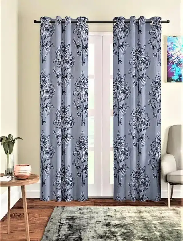 Polyester Printed Window & Door Curtains, Pack of 2, Navy Blue, 7 feet